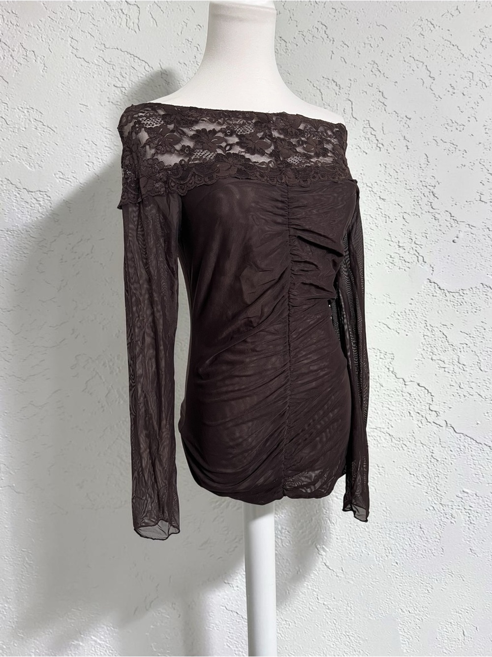 Vintage Whimsigoth Chocolate Brown Lace Mesh Ruched Mini Dress S - Picture 2 of 6
